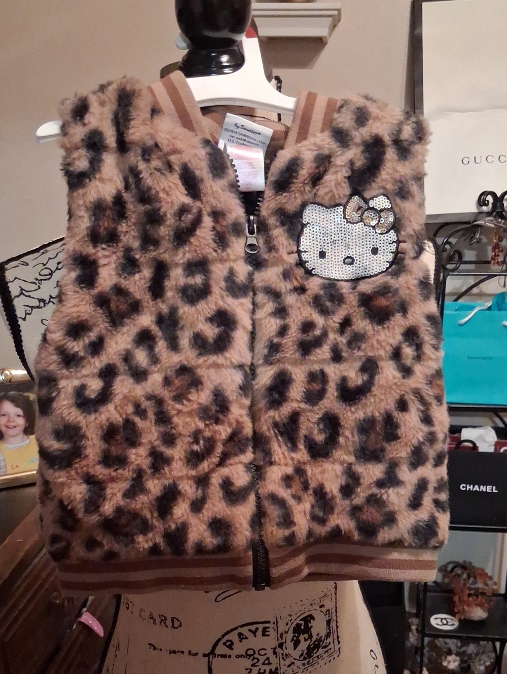 HELLO KITTY SEQUIN LOGOFAUX FUR LEOPARD PRINT VEST LITTLE GIRL SIZE 5-6